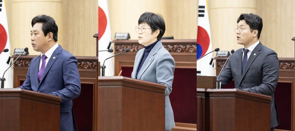 ▲ 사진 왼쪽부터 차례대로 시정질문에 나선 한갑수 박은경 의원과 5분 자유발언을 진행한 최진호 의원의 모습.