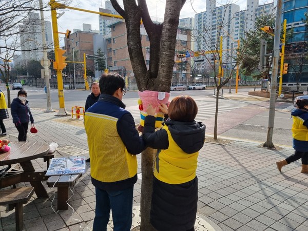 ▲ 오산시 중앙도서관 키움봉사회 나무뜨개옷 입히기 행사 진행 모습.