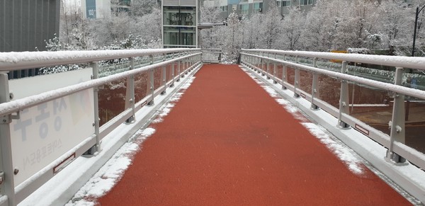 ▲ 성동구 보행육교에 도로열선이 설치된 모습으로 폭설이 내리며 자동으로 작동한다.