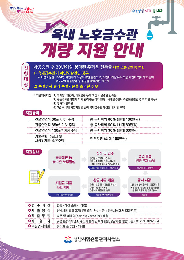 ▲ 성남시 옥내 노후 급수관 개량 지원 안내 포스터.