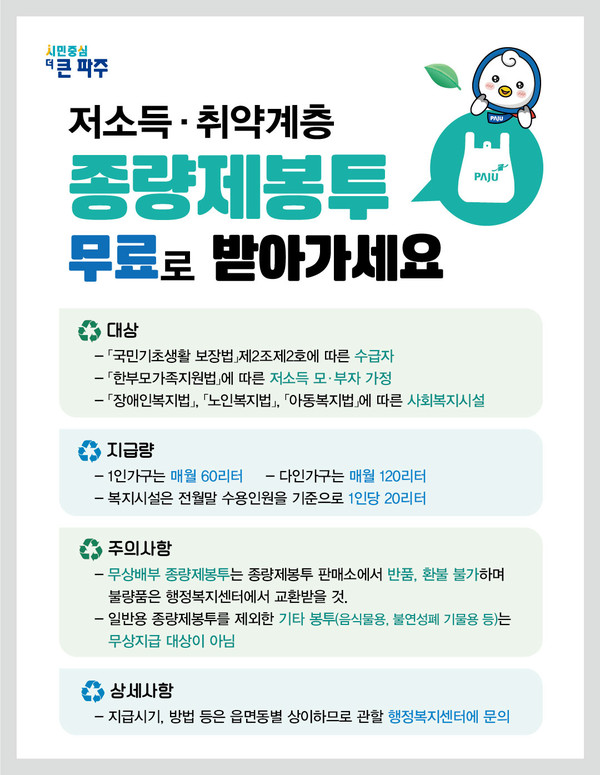 ▲ 파주시 저소득·취약계층 종량제봉투 무료 배부 안내물.