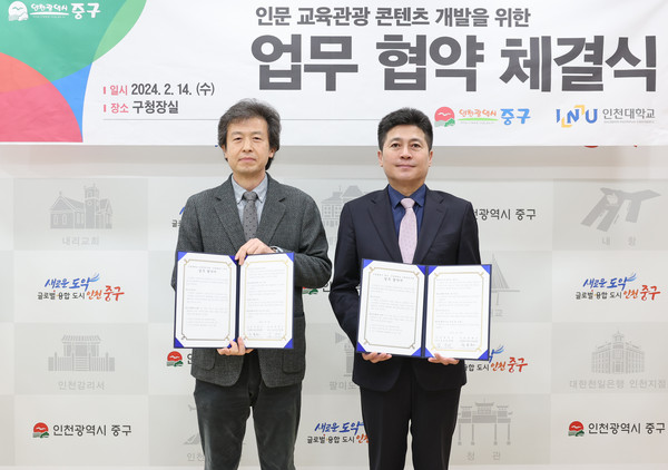 ▲ 인천 중구와 인천대학교 인문 교육관광 컨텐츠 개발 협약 체결 모습.