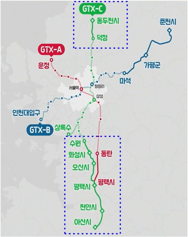 ▲ GTX A.C노선 연장 노선도(국토교통부 발표자료 일부 편집).