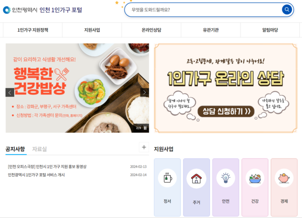 ▲ 인천 1인가구 포털 메인화면.