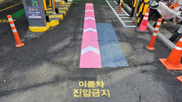 ▲ 도선동 공영주차장 입구에 분홍색 컬러유도선을 설치했다.