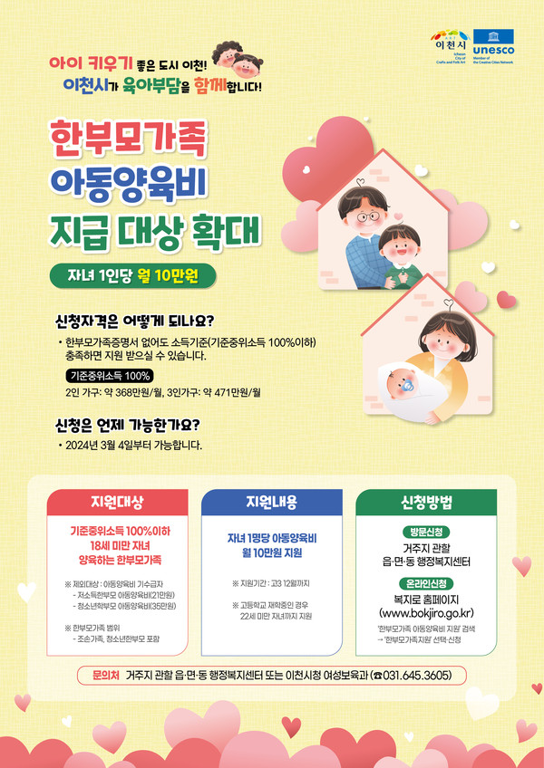 ▲ 이천시 한부모가족 아동양육비 지급 대상 확대 안내물.