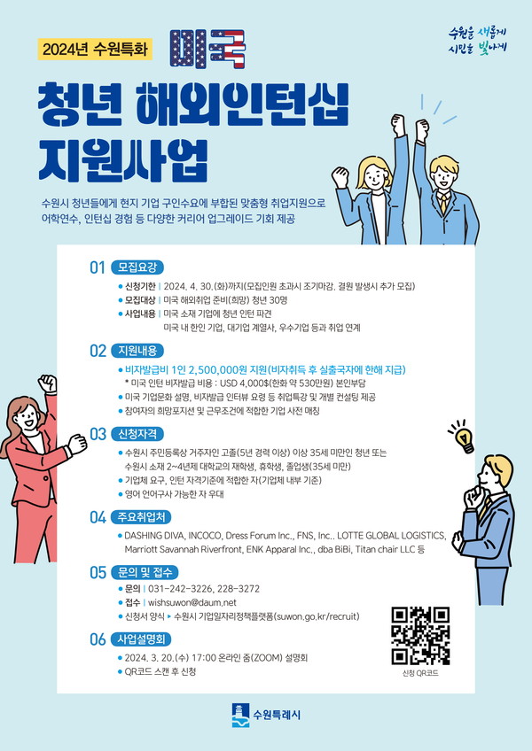 ‘2024년 수원특화 청년 해외인턴지원사업(미국)’ 참여 청년 모집 홍보물
