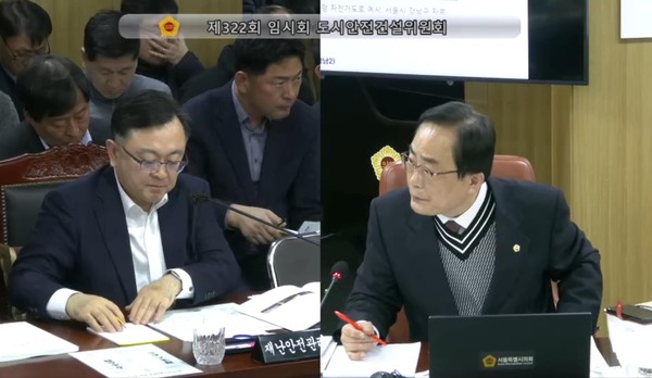 ▲ 제322회 임시회 도시안전건설위원회 업무보고에서 재난안전실장에게 질의를 하는 김형재 시의원(오른쪽).