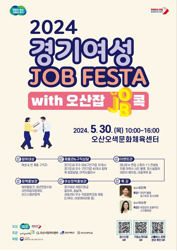 ▲ 오산시 경기여성 Job Festa with 오산 잡job콕 일자리박람회 포스터.오산시는 오는 30일 오산오색문화체육센터 2층 대체육관에서 '2024년 오산시 일자리 박람회'를 개최한다고 밝혔다.경기도와 오산시가 공동 개최하는 이번 행사에는 50개 업체가 부스별로 1:1 면접과 기업 홍보를 할 예정으로 여성 및 전 계층 구직자가 참석할 수 있다.정책홍보, 아나운서 면접 스피치, 이미지메이킹 및 퍼스널 컬러 진단, 무료 이력서 사진촬영, 타로로 보는 직업운, 네일케어, 힐링 특강 등 다양한 부대행사를 함께 진행할 예정이다.또한 박람회 참여 기업 설명서를 사전에 제작 배포하고 온라인 채용설명회를 진행하며 관내 대학에서 취업 준비 프로그램 ‘취업성공학교’와 ‘기업분석 경진대회’를 운영한다.박람회 참여기업은 ㈜이화다이아몬드, 아모레퍼시픽, ㈜우신한국민속촌, ㈜경동나비엔, ㈜앱스필, ㈜엘케이엔지니어링, ㈜엔코스, 필에너지, 인터코스코리아 등 총 50개 업체로 관내·외 유망 기업의 인사담당자들이 현장 채용에 직접 나서 현장 면접을 통해 구직자를 채용할 예정이다.일자리박람회에 참여하고자 하는 구직자는 사전신청 또는 현장 신청이 가능하며 참여기업·셔틀버스 정보 등 자세한 사항은 오산시 일자리센터 블로그에서 확인할 수 있다.김병주 지역경제과장은 “이번 행사가 고용 촉진과 지역경제 활성화에 도움이 되길 바라며 행사에 참여한 구직자 중 미취업자에 대해서는 지속적인 사후관리로 조속히 취업이 이뤄질 수 있도록 지원할 계획이다”라고 밝혔다.Tag저작권자 © 산경일보 무단전재 및 재배포 금지안명옥 기자안명옥 기자다른기사 보기 관련기사댓글 0로그인産經日報내용권리침해, 욕설 및 특정 대상을 비하하는 내용을 게시할 경우 이용약관 및 관련법률에 의해 제해될 수 있습니다. 공공기기에서는 사용 후 로그아웃 해주세요.0 / 400 등록