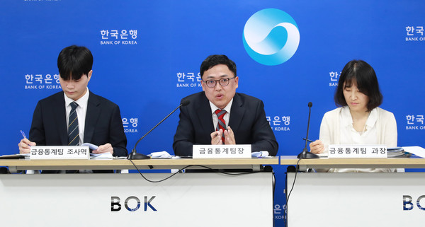 ▲ 서울 중구 한국은행에서 열린 2024년 1/4분기 가계신용(잠정) 설명회. 왼쪽부터 박성환 금융통계팀 조사역, 서정석 금융통계팀장, 최정윤 금융통계팀 과장. /뉴시스