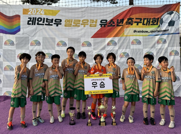 ▲ 우승한 송파구 유소년축구단이 우승 트로피 앞에서 메달을 깨무는 퍼포먼스를 하고 있다.