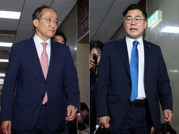 ▲ 의장 주재 원내대표 회동 참석하는 추경호, 박찬대. /뉴시스