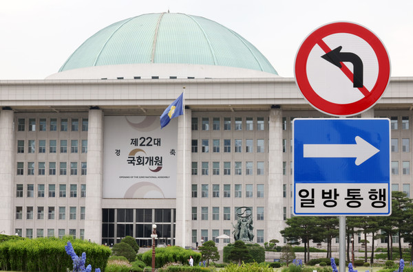 ▲ 제22대 국회 임기 시작일인 30일 오후 서울 여의도 국회의사당에 개원 축하 현수막이 걸려 있다. /뉴시스