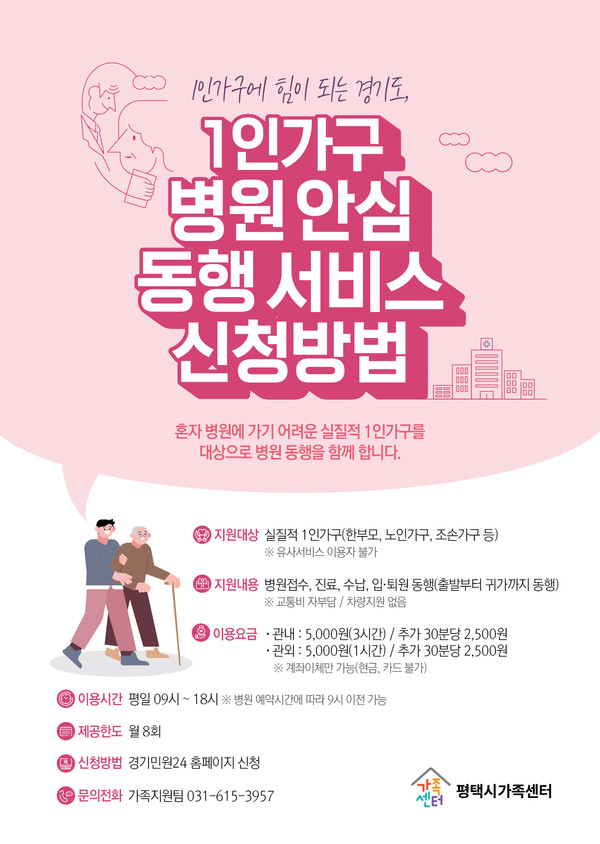 ▲ 평택시가족센터 1인가구 병원안심동행 서비스 신청방법 안내물.