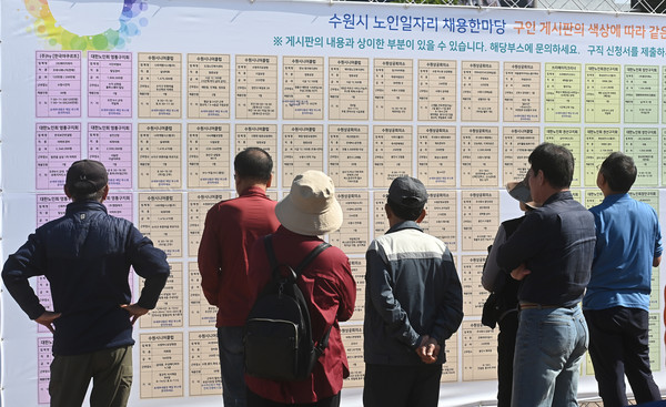 ▲ 지난해 10월 11일 경기도 수원시 팔달구 화성행궁광장에서 열린 '노인일자리 채용한마당'을 찾은 어르신들이 취업정보 게시판을 살펴보고 있다.
