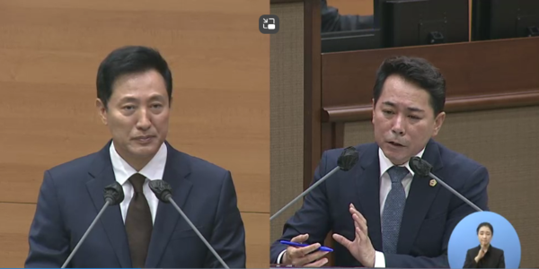 ▲ 시정질문에서 오세훈 서울시장과 질의응답하는 임만균 의원(더불어민주당·관악3) 모습.