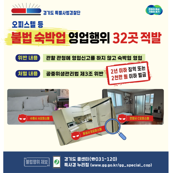 ▲ 경기도 특사경 불법 숙박업소 적발 관련 사진.