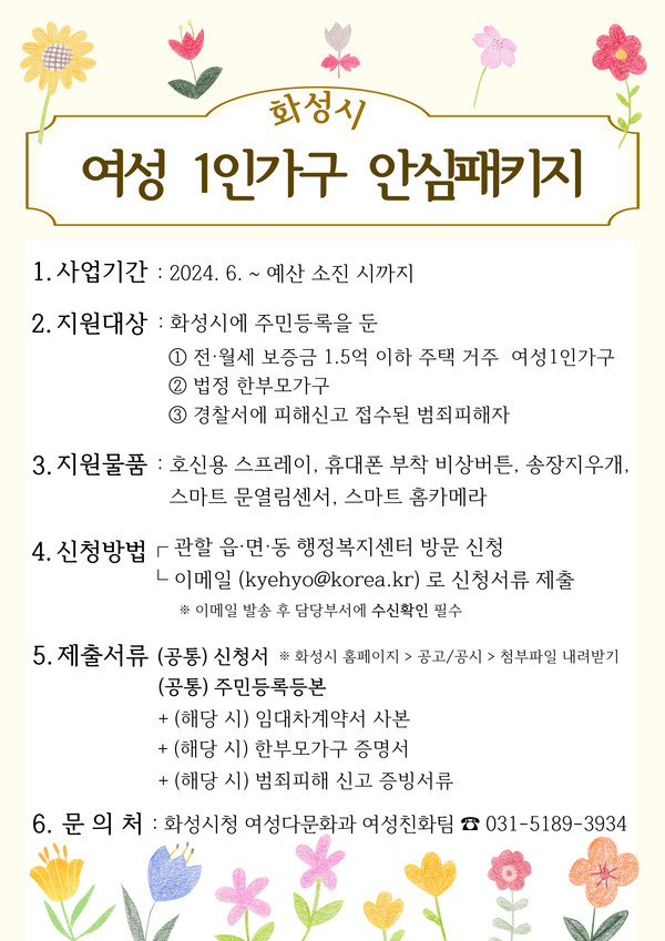 ▲ 화성시 여성1인가구 안심패키지 지원 안내물.