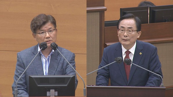 ▲ 제324회 정례회 3차 본회의에서 김형재 시의원이 한국영 서울시설공단 이사장에게 시정질문을 하고 있다.
