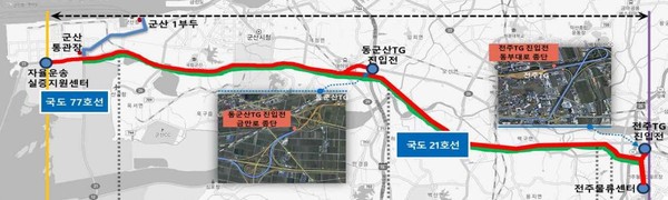 ▲ 전북 군산~전주 61.3㎞ 구간이 국토교통부 자율주행차 시범운행지구로 지정됐다. 제도 도입 후 첫 자율주행 화물운송 사례로, 군산항 일대 통관장 등을 거쳐 전주 물류센터까지 특송화물을 실어 나르게 된다. (자료=국토부 제공)