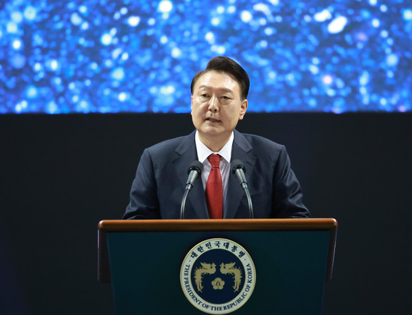 ▲ 윤석열 대통령이 4일 인천 남동체육관에서 열린 한국자유총연맹 창립 제70주년 기념식에서 축사하고 있다. /뉴시스