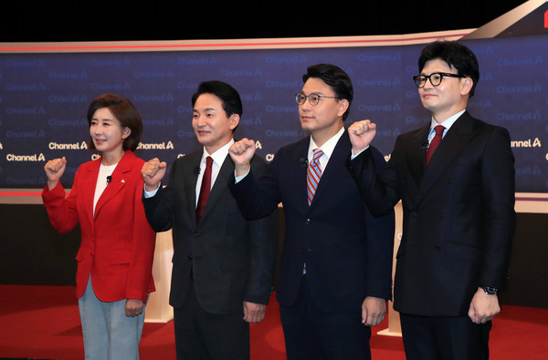 ▲ 나경원(왼쪽부터), 원희룡, 윤상현, 한동훈 국민의힘 당 대표 후보. /뉴시스