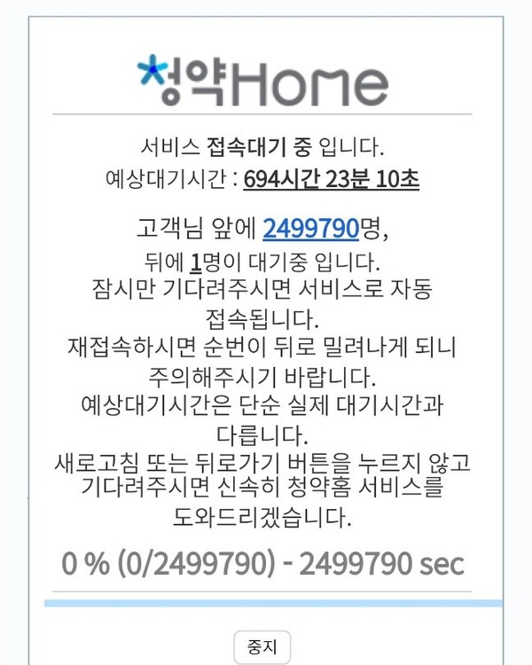 ▲ 전날 오후 4시 48분 기준 한국부동산원 청약홈 홈페이지는 250만명에 가까운 접속 대기자가 몰리며 예상 대기시간이 694시간을 넘겼다. (사진=청약홈 홈페이지 캡처) /뉴시스
