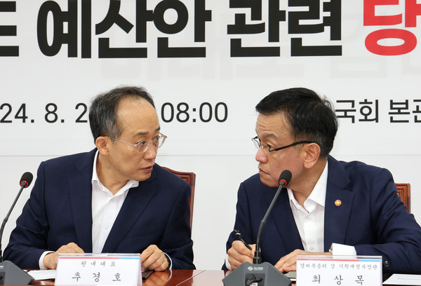 ▲ 추경호(왼쪽) 국민의힘 원내대표와 최상목 경제부총리 겸 기획재정부 장관이 20일 오전 서울 여의도 국회에서 열린 2025년도 예산안 관련 당정협의회에서 대화하고 있다. /뉴시스