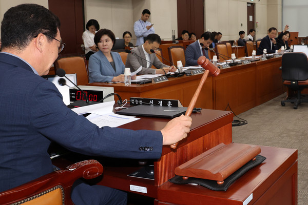 ▲ 8일 오후 서울 여의도 국회에서 열린 행정안전위원회 전체회의에서 신정훈 위원장이 마약수사 외압 의혹 관련 청문회 실시계획서 채택의 건을 상정하며 의사봉을 두드리고 있다. /뉴시스