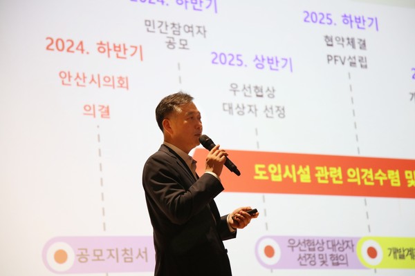 ▲ 허숭 안산도시공사 사장이 20일 안산 올림픽기념관에서 열린 초지역세권 도시개발사업 시민설명회에서 사업과 관련한 주요사안을 설명하고 있다.