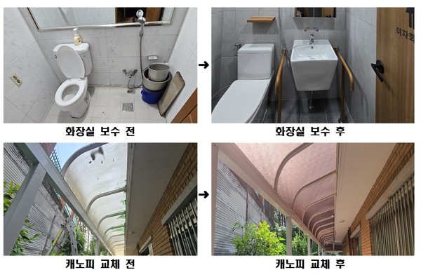 ▲ 동작구는 '송림경로당'에 유니버설 디자인을 적용해 시설개선 공사를 완료했다. 사진은 공사 전후 모습.