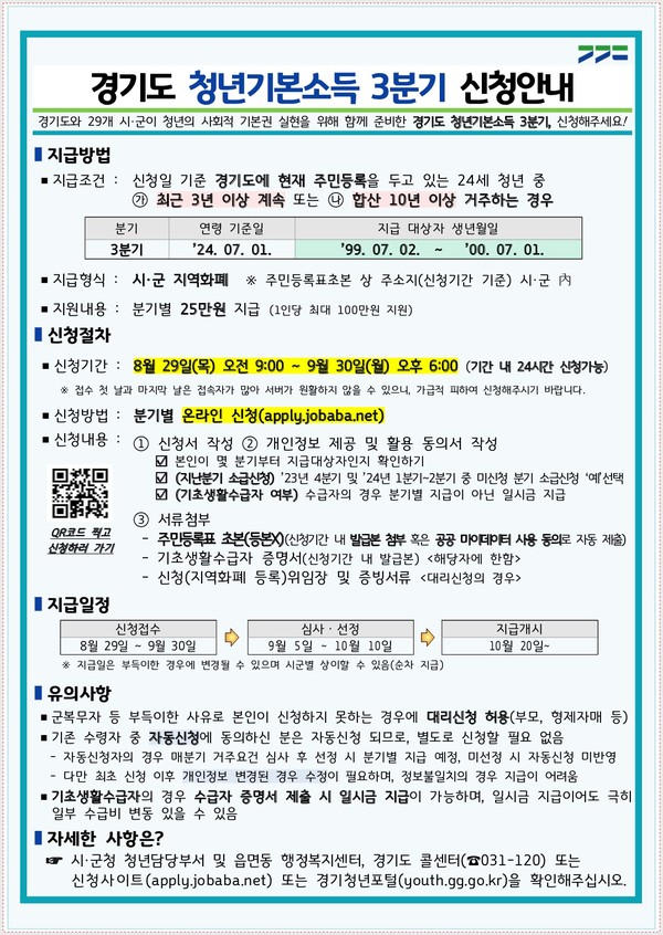▲ 경기도 청년기본소득 3분기 신청 안내물.