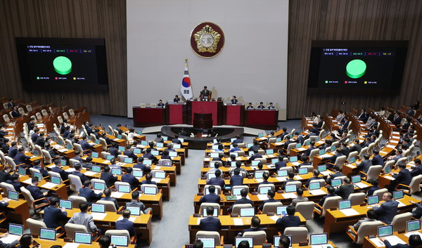 ▲ 제417회 국회(임시회) 제2차 본회의에서 민법 일부개정법률안(구하라법)이 가결되고 있다.  	/뉴시스