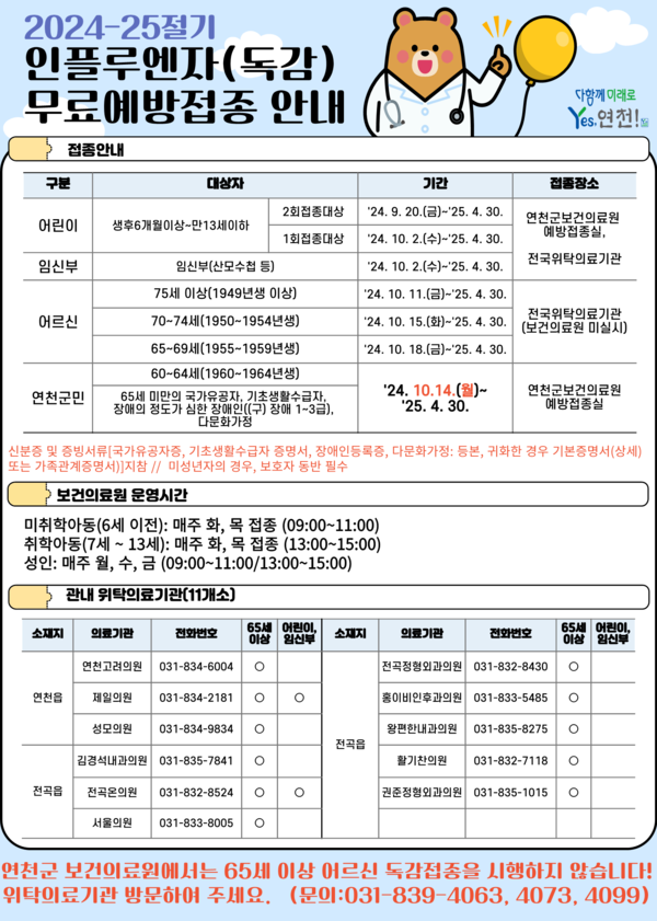 ▲ 연천군 인플루엔자(독감) 무료 예방접종 안내물.