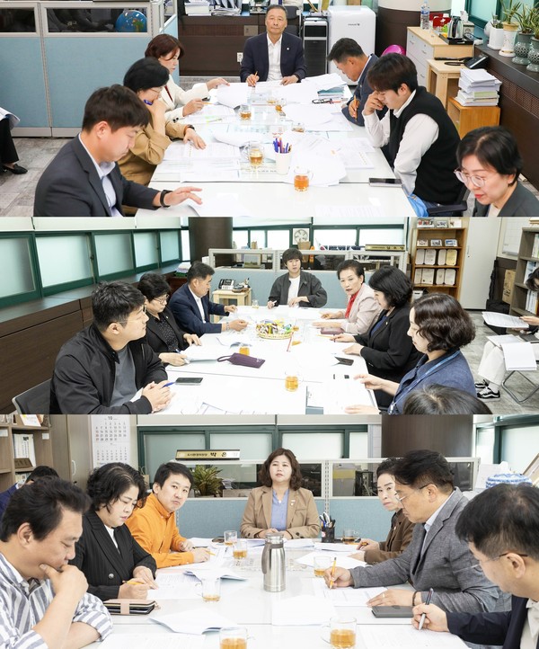 ▲ 안산시의회 기획행정위원회와 문화복지위원회, 도시환경위원회가 지난 2일 안산시 집행부와 간담회를 가졌다. 사진 위부터 차례대로 기획행정위원회와 문화복지위원회, 도시환경위원회의 간담회 모습.