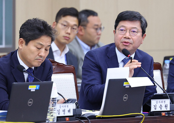 ▲ 2023년 10월 16일 오후 서울 용산구 국방부에서 열린 국회 법제사법위원회의 국방부 군사법원에 대한 국정감사에서 김승원 더불어민주당 의원이 질의하고 있다. /뉴시스