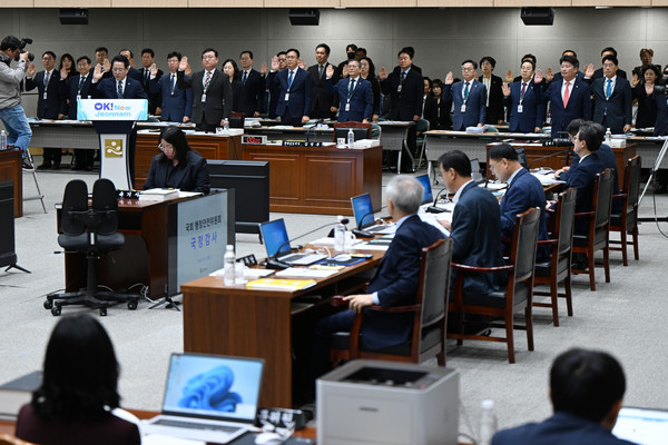 ▲ 21일 오전 전남 무안군 전남도청에서 열린 국회 행정안전위원회의 전남도 국정감사에서 김영록 전남도지사를 비롯한 관계자들이 선서를 하고 있다. /뉴시스