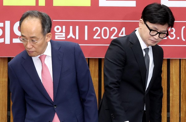 ▲ 한동훈 국민의힘 대표와 추경호(왼쪽) 원내대표. /뉴시스