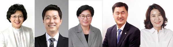▲ 안산시의회가 제294회 제2차 정례회에서 의원 발의 조례안 7건을 심의한다. 사진 왼쪽부터 조례안을 발의한 박은경 최찬규 이혜경 유재수 최찬규 김유숙 의원의 모습.