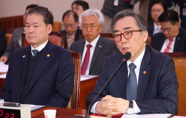 ▲ 조태열 외교부 장관이 외교통일위원회 전체회의에서 의원들의 질의에 답변하고 있다. /뉴시스