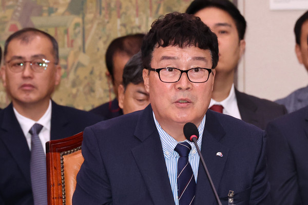 ▲ 김택규 대한배드민턴협회장이 지난 9월 24일 오전 서울 여의도 국회에서 열린 문화체육관광위원회의 대한축구협회 등에 대한 현안질의에서 의원 질의에 답변하고 있다. /뉴시스