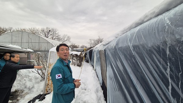▲ 김성중 경기도 행정1부지사가 폭설 재난을 입은 가학동 주거용 비닐하우스 현장을 직접 방문해 점검했다.