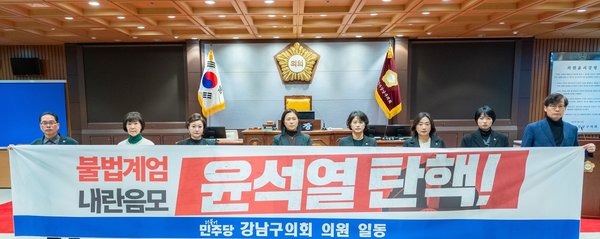 ▲ 강남구의회 본회의장에서 성명서를 발표하고 있는 더불어민주당 소속 의원들.