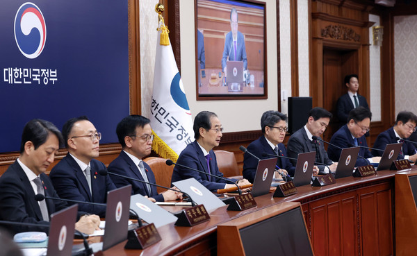 ▲ 한덕수 대통령 권한대행 국무총리가 17일 서울 종로구 정부서울청사에서 열린 국무회의를 주재하며 발언하고 있다. /뉴시스
