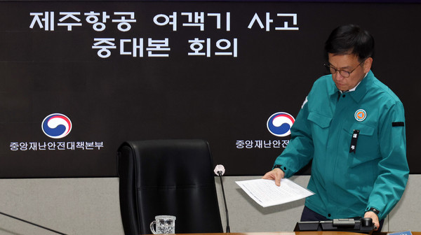 ▲ 제주항공 여객기 사고 중대본 회의 입장하는 최 대통령 권한대행. /뉴시스