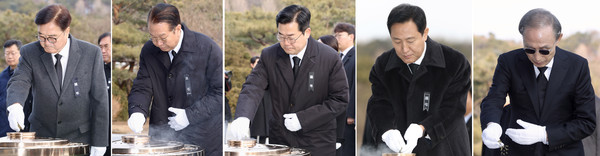 ▲ 우원식(왼쪽부터) 국회의장, 권영세 국민의힘 비대위원장, 박찬대 더불어민주당 원내대표, 오세훈 서울시장, 이명박 전 대통령이 1일 오전 서울 동작구 국립서울현충원 현충탑을 참배하고 있다. /뉴시스