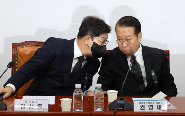 ▲ 대화 나누는 권영세 비대위원장과 권성동 원내대표. /뉴시스
