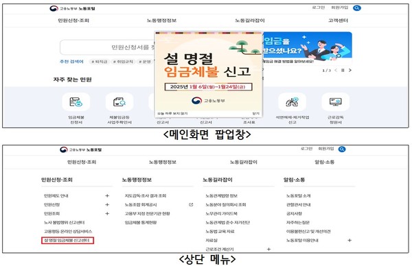 ▲ 노동포털 내 전담 신고센터 이용 방법. (자료=고용노동부 제공) /뉴시스