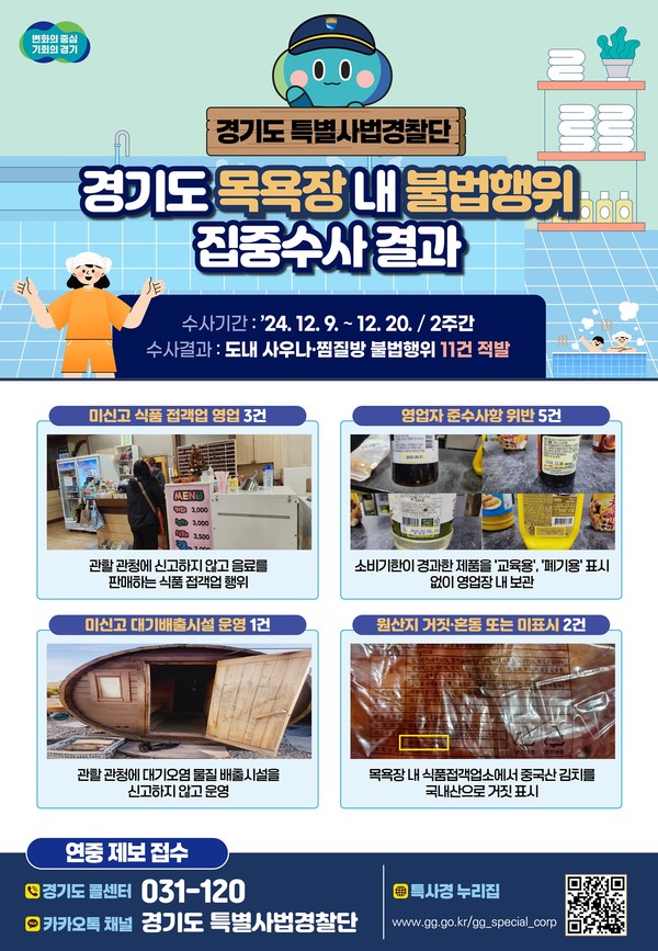 ▲ 경기도 특사경 관내 목욕장 내 불법행위 집중수사 결과.