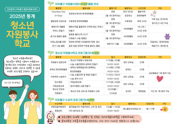 ▲ 미추홀구종합자원봉사센터 2025년 동계 청소년 자원봉사 학교 안내물.